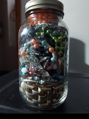Jar of Mixed Costume Jewelry - Multicolor Beads & Charms